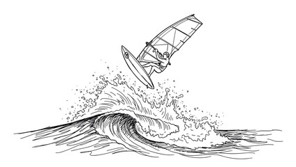 Dynamic line art of windsurfer riding a wave with splashing water