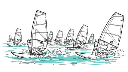 Dynamic linear concept of windsurfing adventure with multiple sailboards and waves