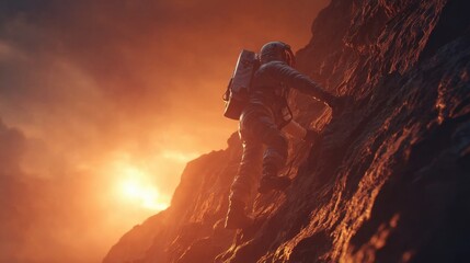 Astronaut Climbing Rocky Mountain During Sunset in Dramatic Warm Lighting