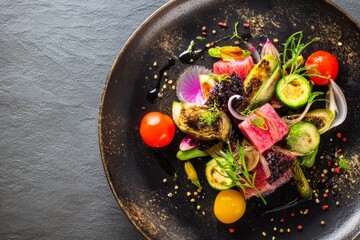 Plate of assorted vegetables including carrots broccoli bell peppers and cherry tomatoes