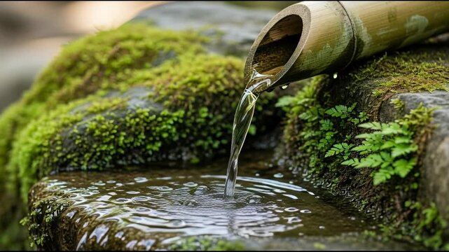 Tranquil water stream flowing from bamboo spout into stone basin detail
