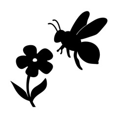 Black silhouette of a bee flying towards a flower silhouette