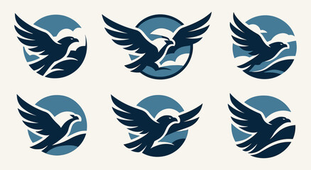 Eagle logo set with strong flying shapes. Each emblem shows bold bird figures inside circular compositions