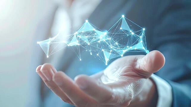 Illuminated Network Node Connection Above Man's Hand In Suit In Soft Lighting With Blurred Background