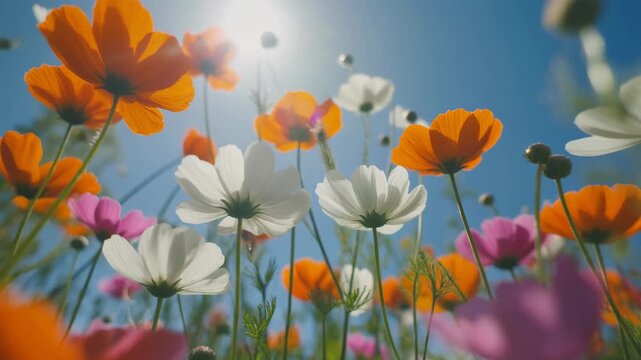 Vibrant cosmos flowers bloom under bright sunlit blue sky low angle view delicate petals swaying gentle breeze nature's beauty serene garden meadow summer day