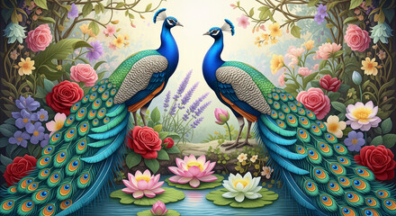 Colorful Peacock 3D Floral Wallpaper, 3d mural wallpaper, decorative wall mural style, 3D Floral Wallpaper.