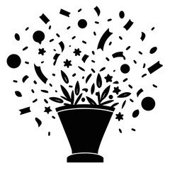 Explosion of confetti and streamers from a party popper silhouette