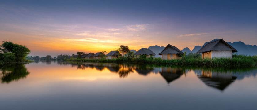 Panoramic village huts by river with golden sunrise tranquil water reflection lush grass mountain silhouette serene dawn light peaceful rural landscape calm nature view warm sky glow - Powered by Adobe