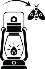 Vintage lantern attracting a moth in a simple black and white illustration
