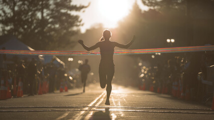Runner finish line sunset silhouette victory marathon race tape street triumphant runner crosses finish line sunset, silhouette glowing with victory energy, marathon race tape fluttering city