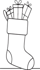 A simple line drawing of a christmas stocking overflowing with wrapped gifts and bows isolated on white background.