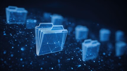 Abstract network grid with files and folders, futuristic software interface, digital document management system, store, search and organize documents, corporate business, paperless office	

