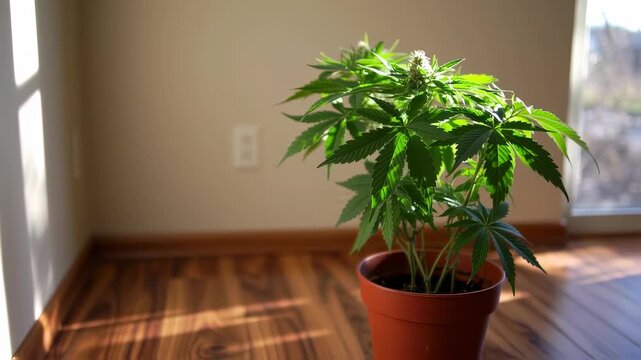 Indoor potted cannabis plant in a room corner, bathed in sunlight