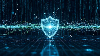 Cybersecurity shield emblem with digital waves and particles, representing digital protection and data security