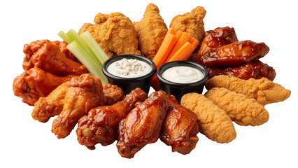 Assorted Fried Chicken Wings and Tenders Platter with Dips and Veggies, isolated on transparent background