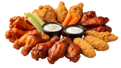 Assorted Fried Chicken Wings and Tenders Platter with Dips and Veggies, isolated on transparent background