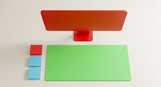 Vibrant minimalist workspace from an aerial view, featuring a bold red monitor, a green desk mat, and colorful blocks, emphasizing modern office aesthetics and efficient design