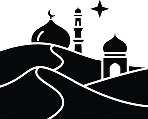 Minimalist black and white illustration of a mosque and desert landscape
