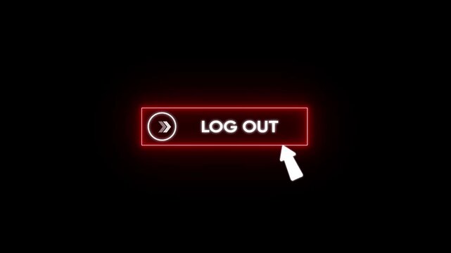 Log out button glowing neon animation with white Text and cursor click concept. isolated on transparent background. 4k video layer