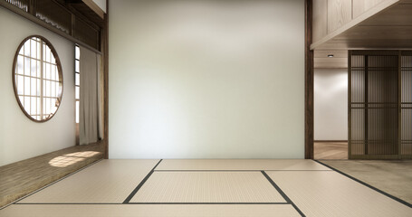 Nihon room design interior with door paper and tatami mat floor room japanese style. 3D rendering