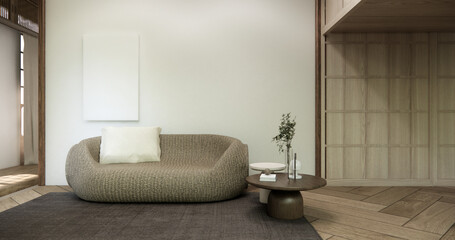 Wooden Arm chair and partition japanese on room tropical interior with tatami mat floor.3D rendering