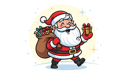 Santa Claus walking with a sack full of gifts and holding a present.