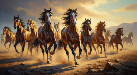 Fototapeta premium Dynamic Herd of Wild Horses Galloping Freely Across Arid Landscape at Golden Sunset