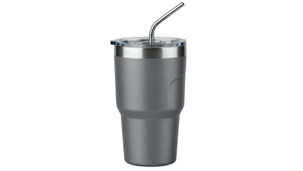 Sleek dark grey insulated travel tumbler with a reusable metal straw and secure lid, designed for maintaining hot or cold beverage temperatures, isolated on transparent background