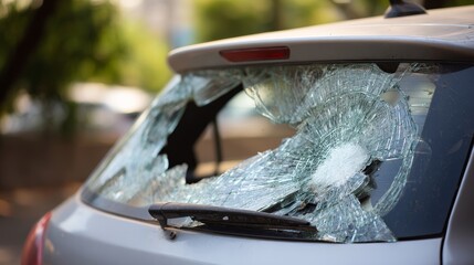 Close up of a shattered rear windscreen on a hatchback showing broken glass, vehicle damage, theft signs, safety hazard, vandalism, and urban crime context after a break-in