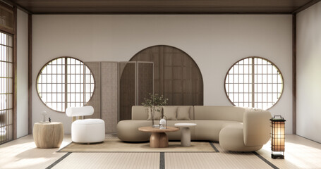 arm chair and decoration japanese on Modern room interior wabisabi style.3D rendering