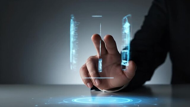 Index Finger Pressing Blue Glowing Digital Screen Displaying Education Icons Over Gray Background