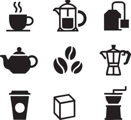Collection of black icons representing coffee and tea making and serving items steam