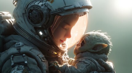 Astronaut Woman Holding Alien Creature in Space Suit on Planet Surface