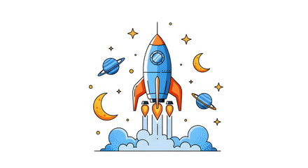 Space rocket launch vector illustration design with cartoon travel spaceship flying past stars and a planet