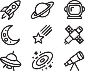 Collection of nine black and white line art icons depicting space exploration and celestial objects © Laila