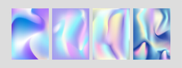 Holographic effect gradient. Set of colorful blurred blue pink purple yellow grainy gradient. Trendy pastel blends.  Gradient background. 