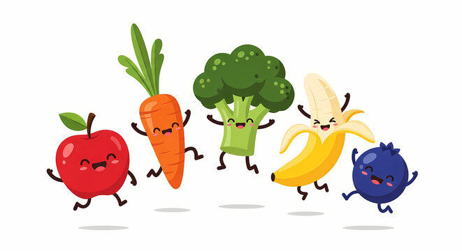 Cartoon Fruits and Vegetables Dancing Together in a Happy Group.