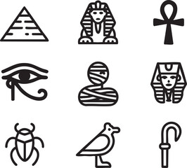 Egyptian Hieroglyphs and Symbols Pyramid Sphinx Ankh Eye Scarab Mummy Pharaoh Bird Crook vector