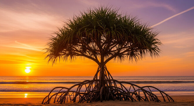 A solitary pandanus tree with its distinctive stilt roots stands silhouetted against a vibrant orange and purple sunset on a tropical beach, with gentle waves lapping the shore