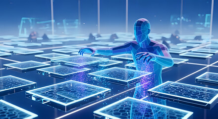 Stunning digital avatar interacting with glowing holographic data platforms in a futuristic immersive metaverse environment
