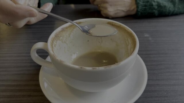 Close up of older person hands only drinking coffee from a cup. Slow motion 120fps in cafe drinking a cup of tea UK 4K