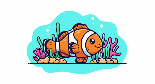 Cute Cartoon Clownfish Swimming in Ocean.