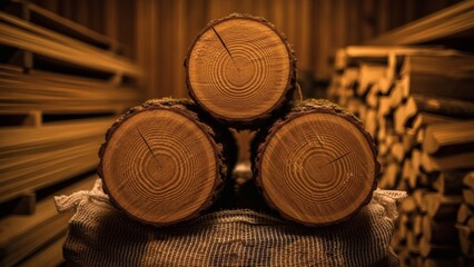 Three round wooden logs stacked showing annual growth rings. Close up texture of cut timber ends in a storage area with warm lighting.
