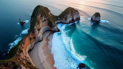 Coastal landscape with waves crashing on a sandy beach during sunset with rocky formations in the background