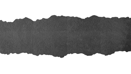 Dark gray torn paper horizontal banner with ragged edges. Torn paper edges on both the top and bottom borders against a transparent background. PNG. For use as a website header, social media banner.