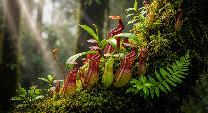 Closeup of vibrant nepenthes pitcher plants growing on a mossy tree trunk in a lush, misty rainforest with sunbeams filtering through the canopy