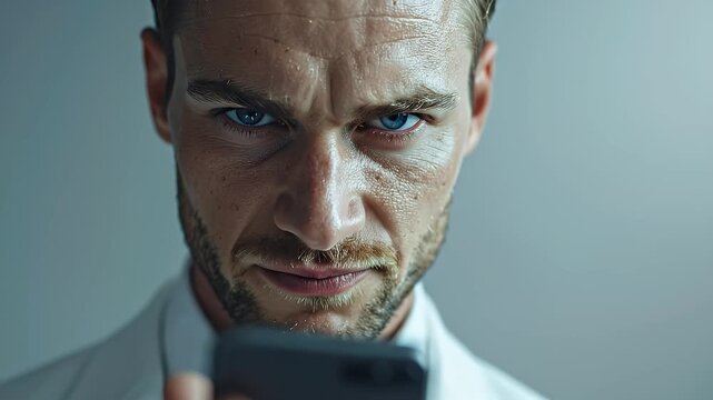 Intense Man with Blue Eyes Holding Smartphone in White Suit Covered in Sparkling Dust Against a Soft Background with Cinematic Lighting