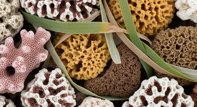 A closeup collection of various natural sea sponges and coral fragments in earthy tones and textures