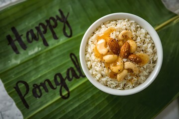 Pongal rice served on a banana leaf.