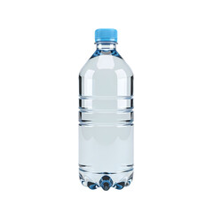 Clear plastic water bottle with blue cap on black background